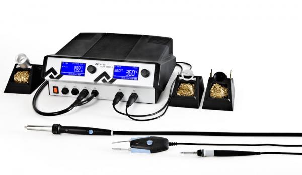i-CON VARIO 4, 4-channel (de)soldering station with interface, i-Tool AIR S hot air soldering iron, Chip Tool VARIO desoldering tweezers and i-Tool soldering iron 