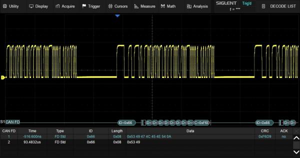 SDS3000X HD serijos osciloskopų sužadinimo pagal CAN FD signalų kombinacijas bei šių signalų dekodavimo funkcijų rinkinys 